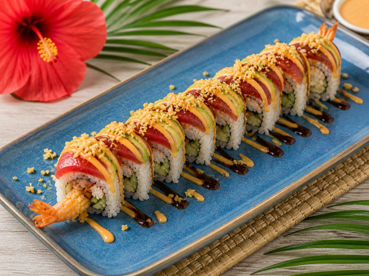 The Fire & Finn roll: tempura shrimp roll topped with tuna, avocado, tempura flakes, eel sauce and spicy mayo